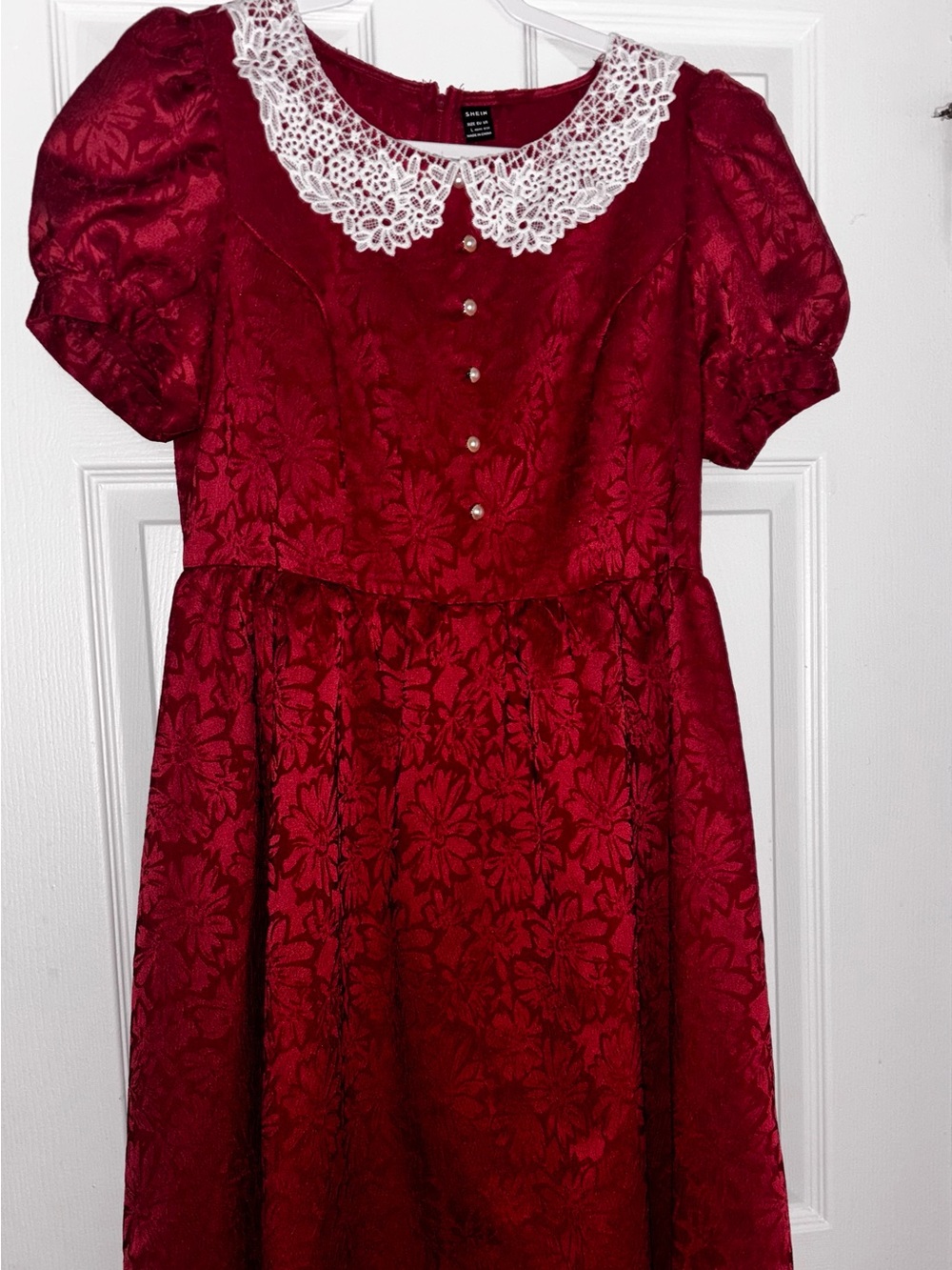 SHEIN Red Floral Jacquard Dress with White Lace Collar